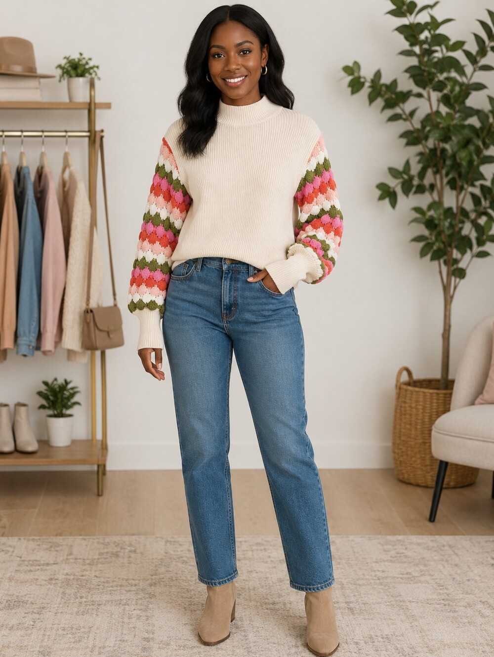 THML XS Cream Multicolor Puff Sleeve Knit Sweater